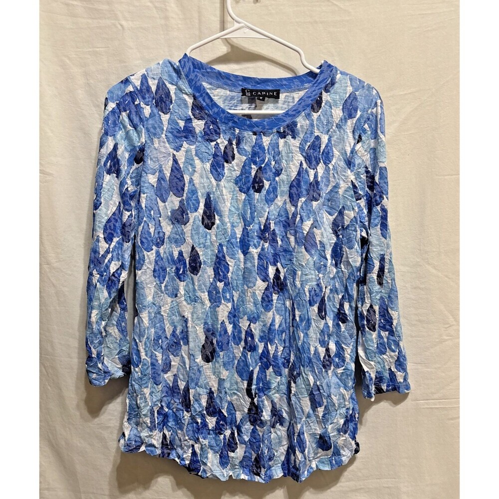 Carine Womens M Blue Abstract Floral Crinkle Top 3/4 Sleeve Artsy Boho Casual